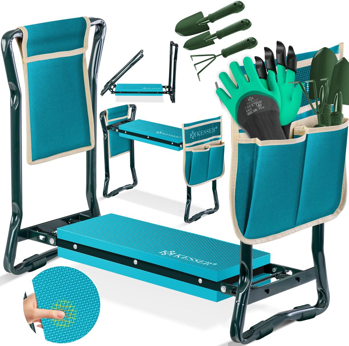 KESSER® 2-in-1 XXL kniebank - Tuinkrukje en knielbank - Inklapbaar met EVA-schuimkussen en 2 gereedschapstassen - Tot 150 kg - 60 x 50 x 27 cm - Blauw/beige