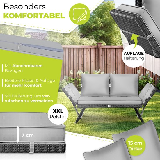 Grijze tuinbank met dikke, afneembare hoezen, bevestigingslus voor kussens.