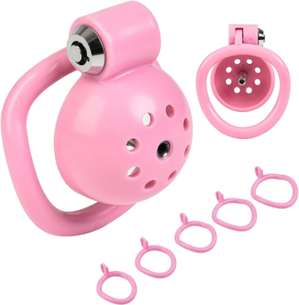Peniskooi heren – chastity cage mannen flat roze met urethrale plug & 5 ringen | kuiskheidskooi heren kunststof, comfort & controle Fops N56