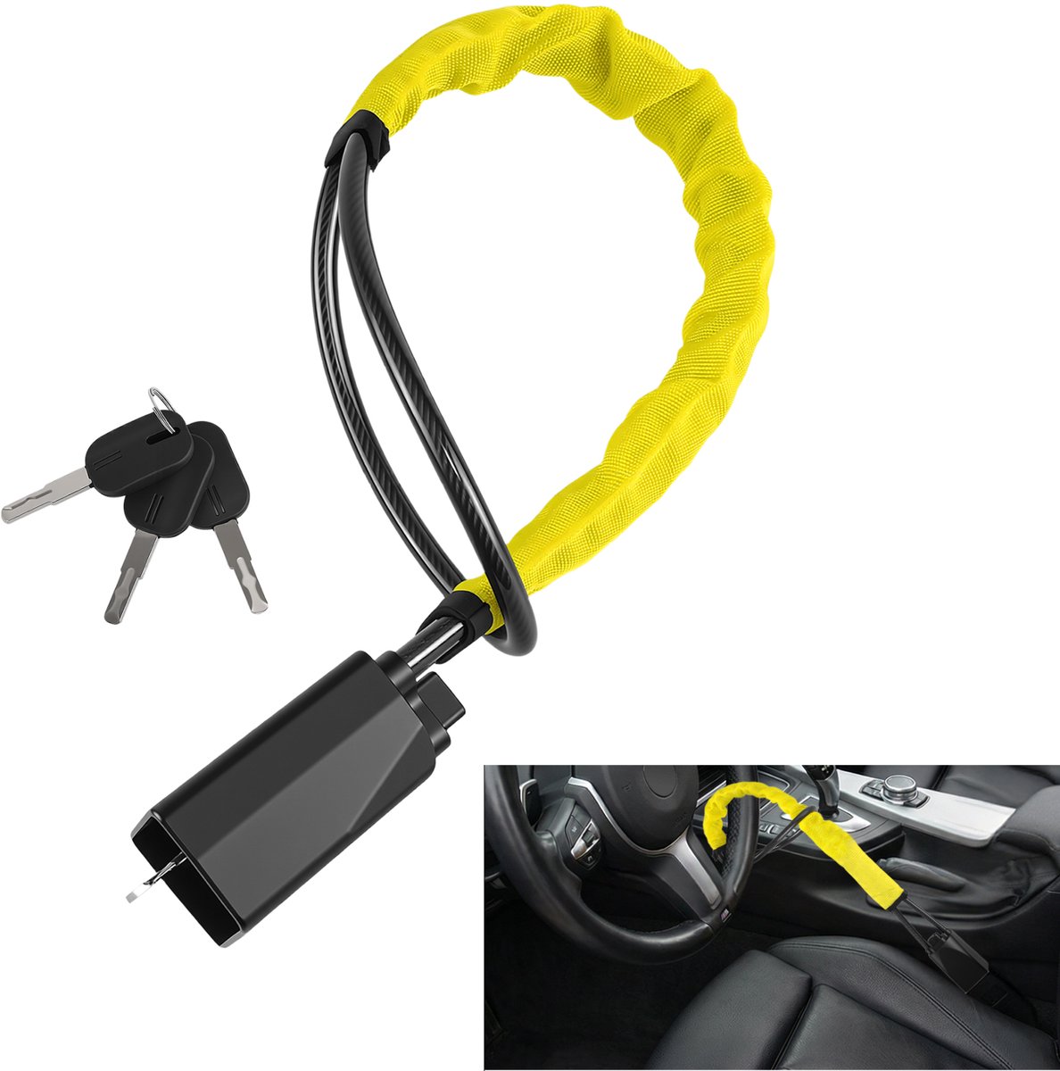 Auto Anti‑diefstal Stuurwiel Slot, Versterkte Staalkabel Stuur‑gordel slot met sleutels, Universeel autobeveiliging voor personenauto, SUV, camper, bestelwagen, Diefstal afschrikking met heldere gele hoes
