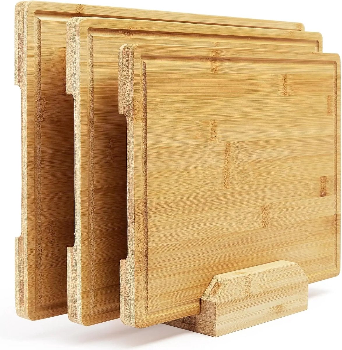 Bresht Snijplankenset - Snijplanken - 100% Bamboe - 3 Stuks - Met houder - Sapgeul en Handgrepen - 43 x 30 / 38 x 28 / 33 x 25 cm