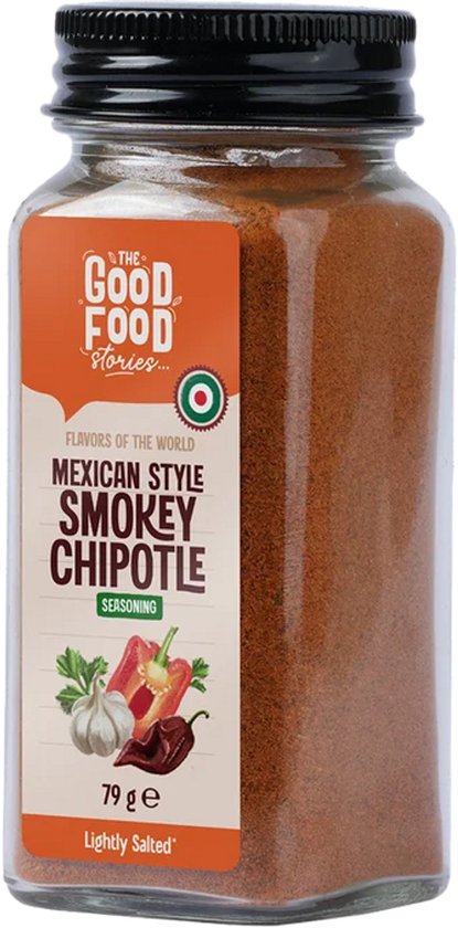 Driekwart aanzicht van een glazen pot 'The Good Food Stories' Smokey Chipotle kruidenmix met een zwarte dop.