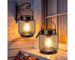 2 stuks Zonne lantaarn, vintage metalen gaas hanglamp, warm LED licht voor tuin, balkon en terras