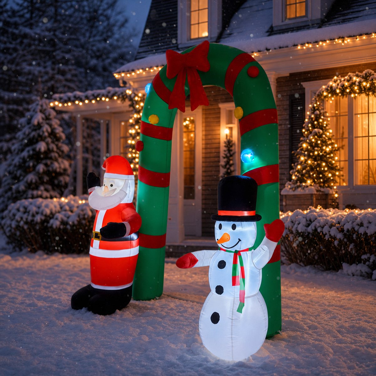Opblaasbare kerstboog met kerstman en sneeuwpop - 248 cm hoog - met witte LED-verlichting - kerstdecoratie voor tuin & buiten - incl. grondpennen