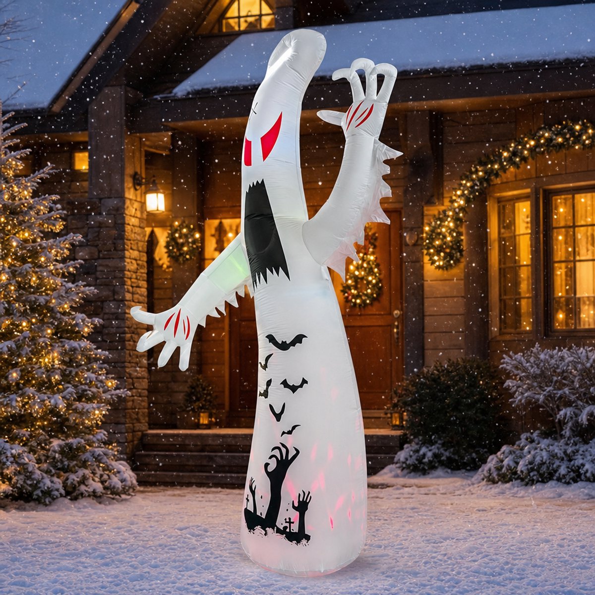 Opblaasbare Halloween-geest met vleermuizen - 360 cm hoog - met gekleurde LED-verlichting - Halloween-decoratie voor tuin & buiten - incl. grondpennen