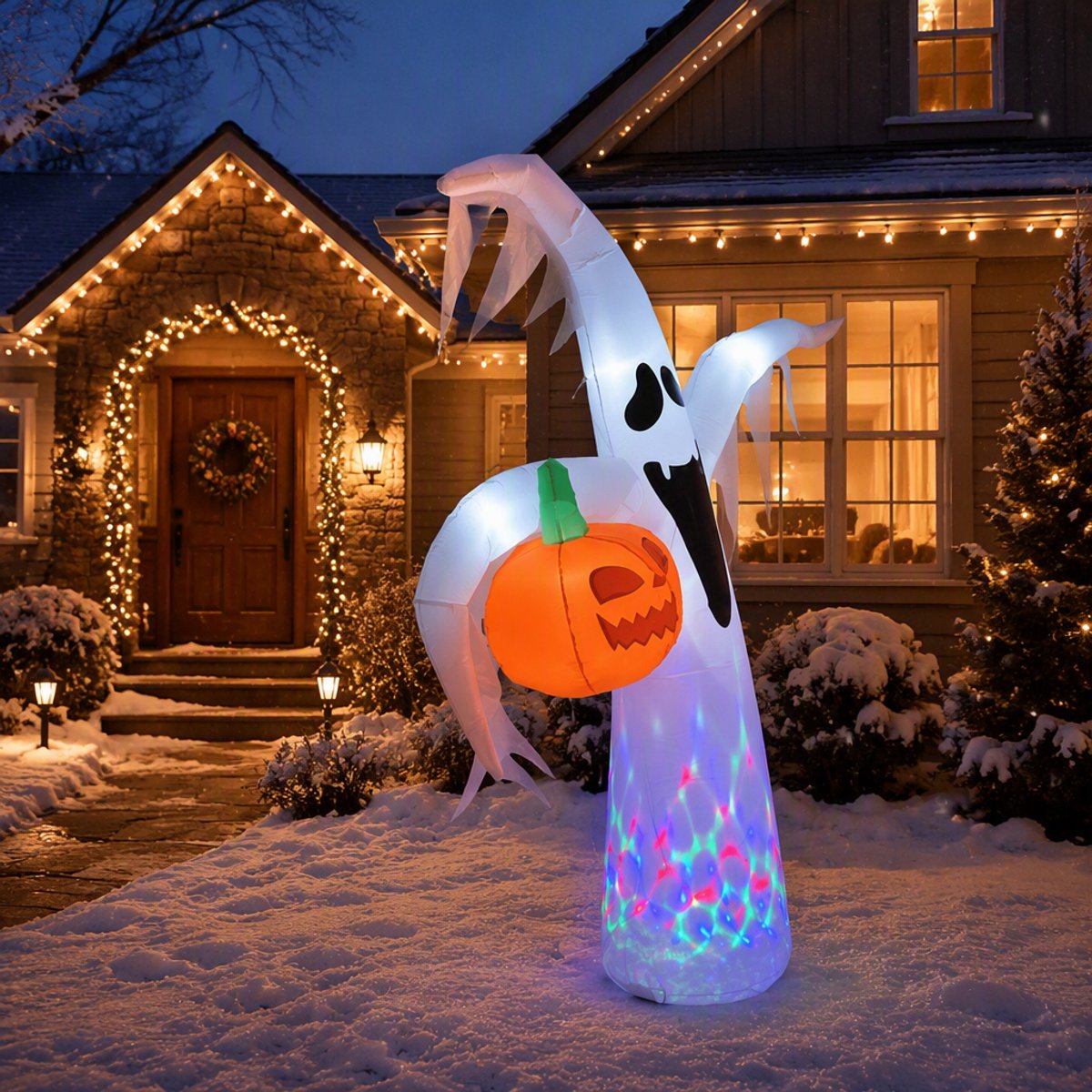 Opblaasbare Halloween-geest met pompoen - 215 cm hoog - met gekleurde LED-verlichting - Halloween-decoratie voor tuin & buiten - incl. grondpennen