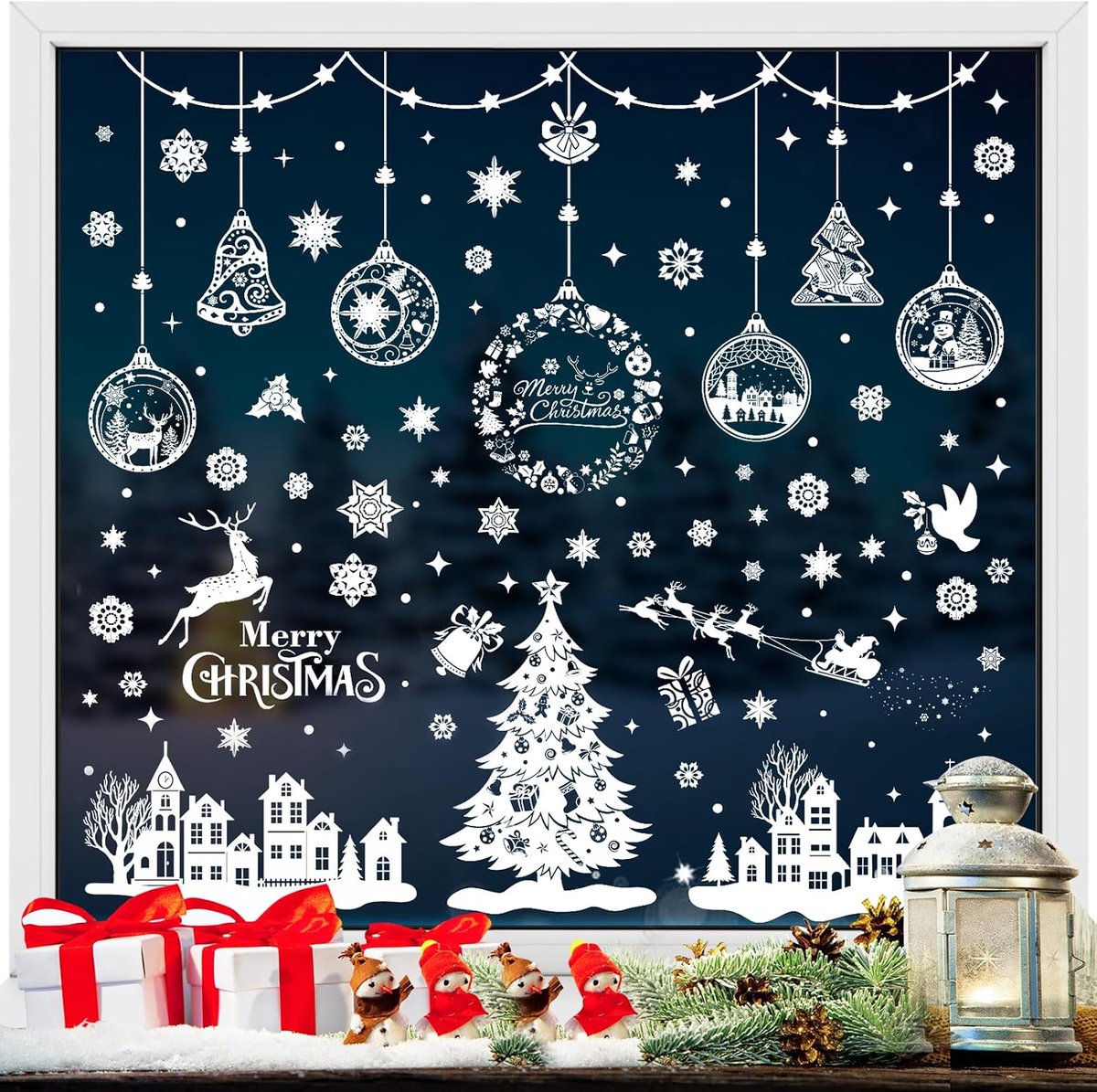 Raamstickers, herbruikbare 3D kerstraamklemmen, dubbelzijdige kerstraamstickers, eland, sneeuwboom, Merry Christmas hechtende stickers voor kerstraamdecoratie (wit)