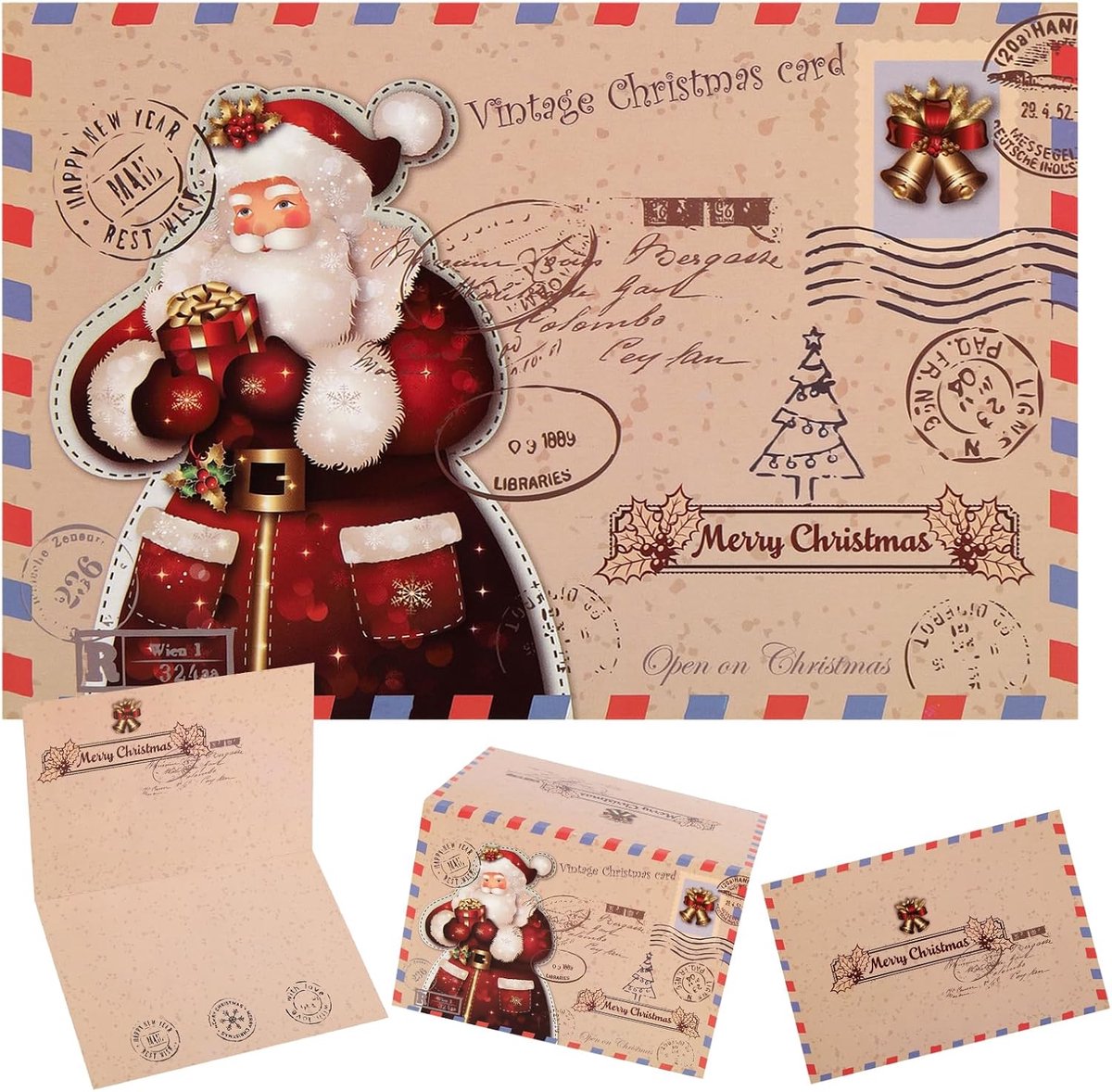 Wenskaarten met Enveloppen, Klassieke Kerstman Vakantie Wenskaarten, Xmas Kaarten met Blanco Binnenkant voor Kerstvakantie Nieuwjaar