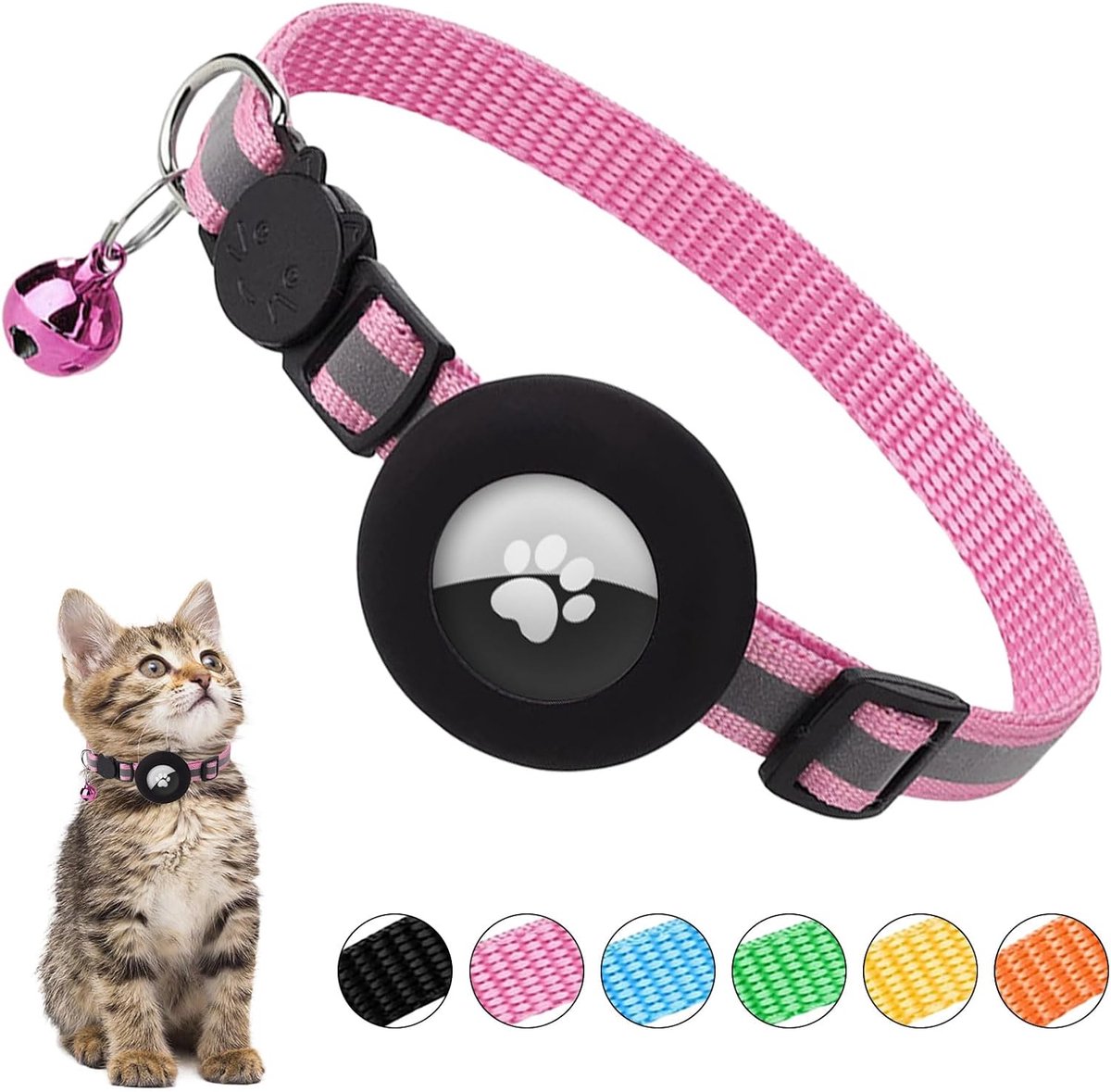 Kattenhalsband, reflecterende kattenhalsband met waterdichte Airtag-houder, verstelbare kattenhalsband met bel en veiligheidsgesp, gepersonaliseerde kattenhalsband voor katten, honden