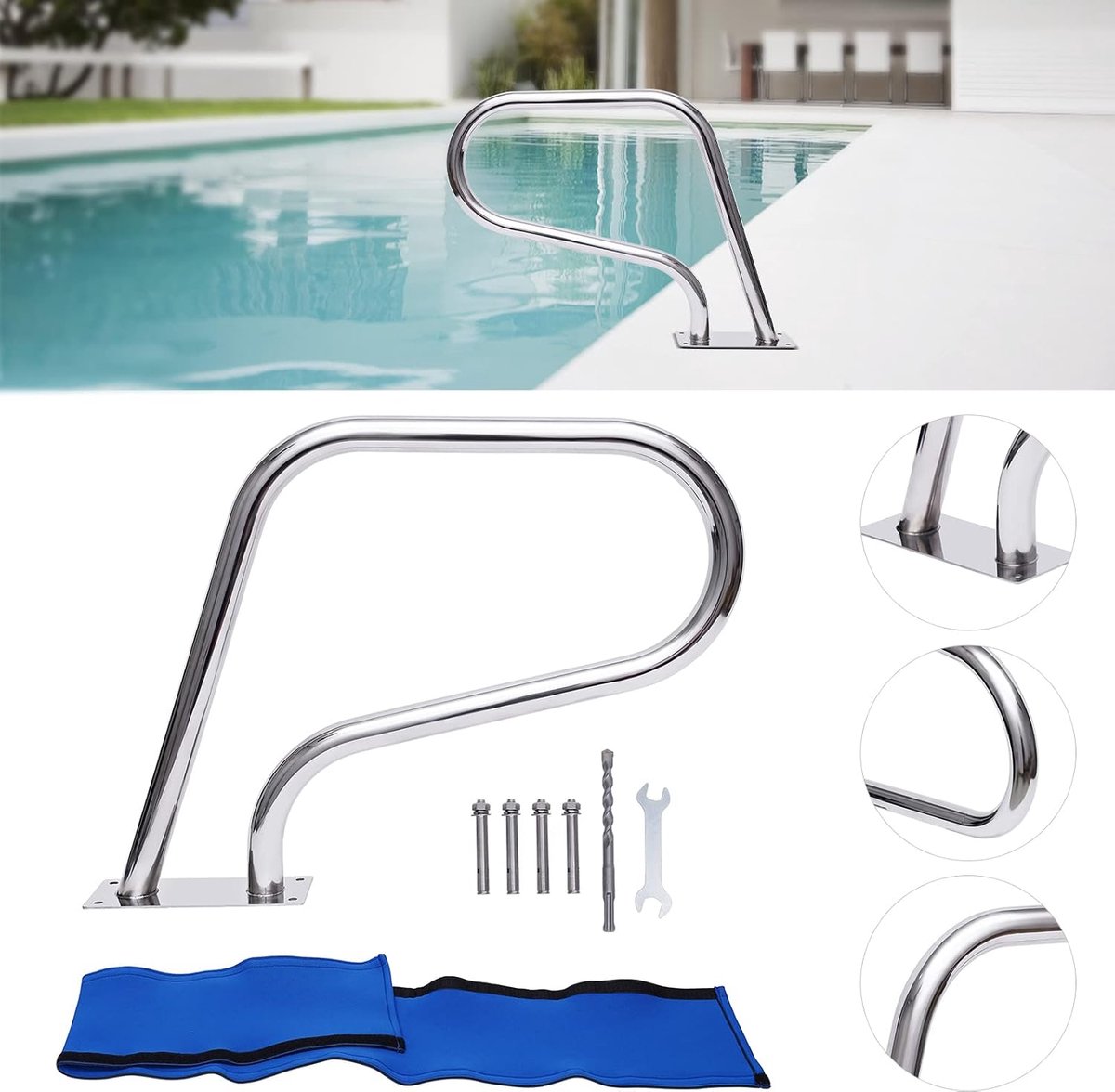 Zwembadleuning, zwembadleuning, zwembadhandgreep van roestvrij staal, draagvermogen 120 kg, draagbare instaphulp, 4,2 cm buisdiameter, voor zwembaden, schuine positie, spa, waterpark