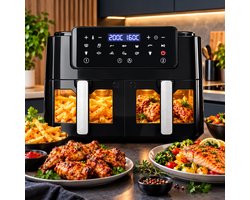 ILLIVEKIT Dubbele Airfryer XXL – 10L – 2800W – Dual Zone – 12 Kookprogramma’s – Touchscreen – 50-200°C – 360° Hetelucht – Zwart