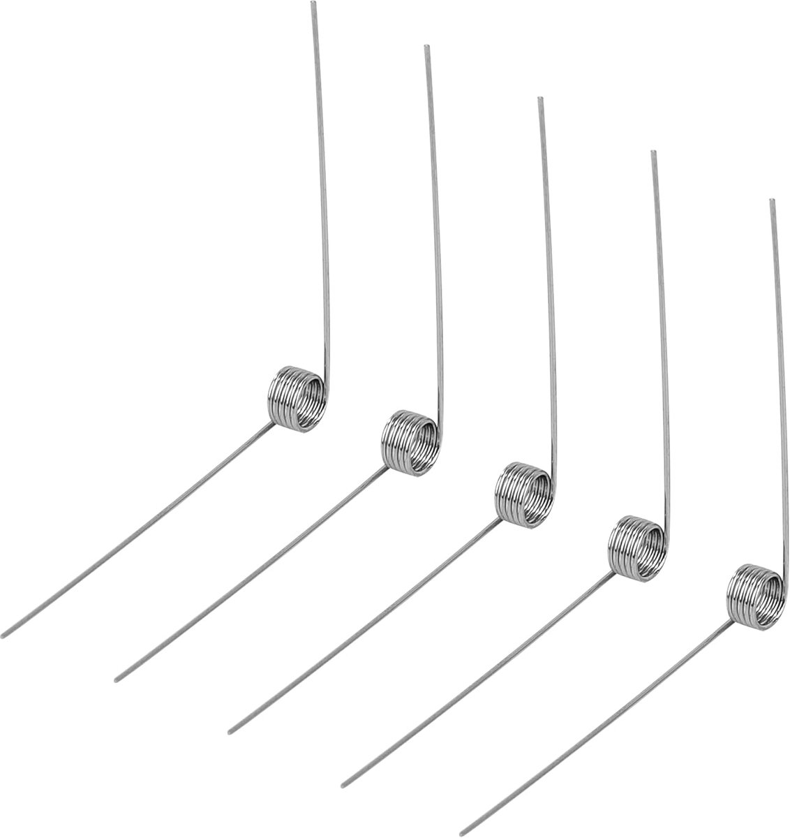 Torsieveren van roestvrij staal, draaddiameter 0,3 mm, binnendiameter 2 mm, armlengte 20 mm, hoek 90 graden, 5 omwentelingen, recht draaibaar, 0,3 x 2 x 20 mm