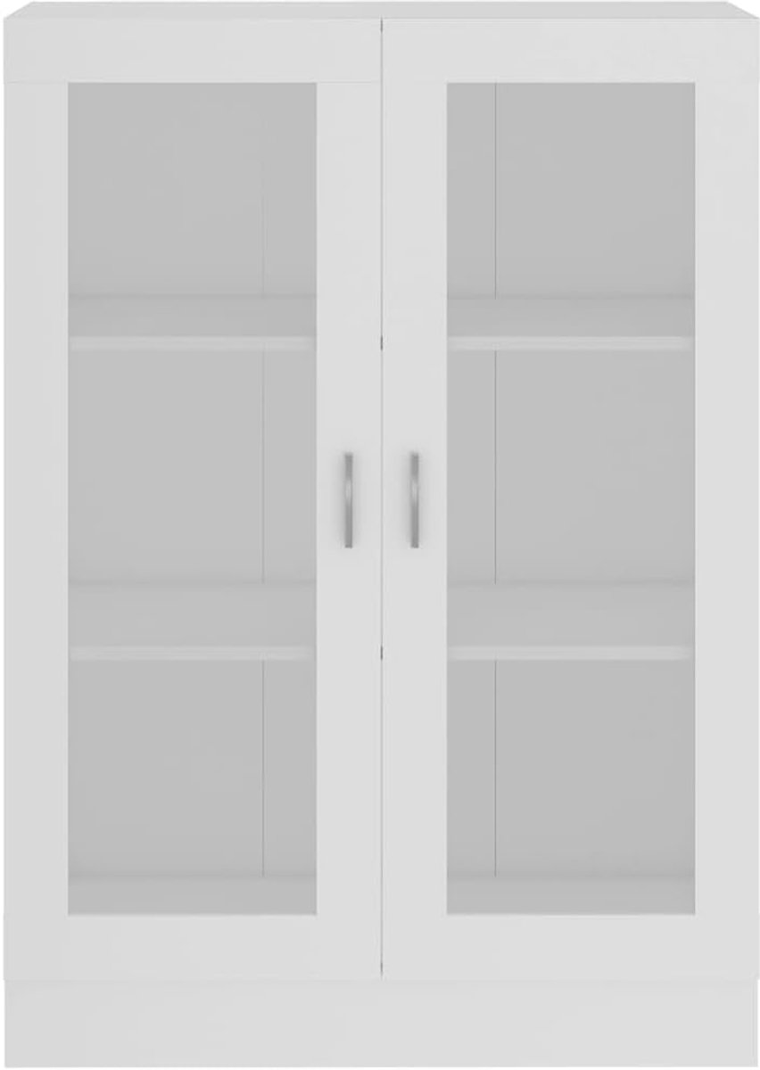 Eikenhouten Vitrinekast met Glazen Deuren, Hoge Opbergkast met Verstelbare Planken, Vitrinekast met Houtnerf voor Woonkamer, Studeerkamer en Woondecoratie (Wit #04)