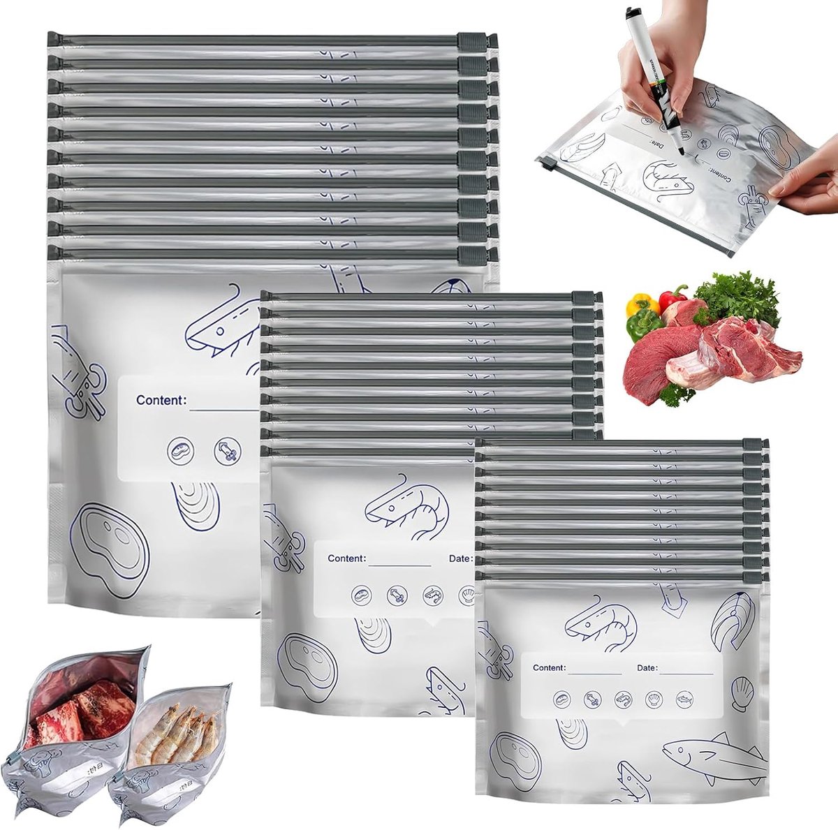 30 stuks vrieszakken met ritssluiting, vershoudzakken, herbruikbare aluminiumfolie, verzegelde opbergzakken, stevig gesloten, lang vers bewaren, geschikt voor vlees, groenten en fruit
