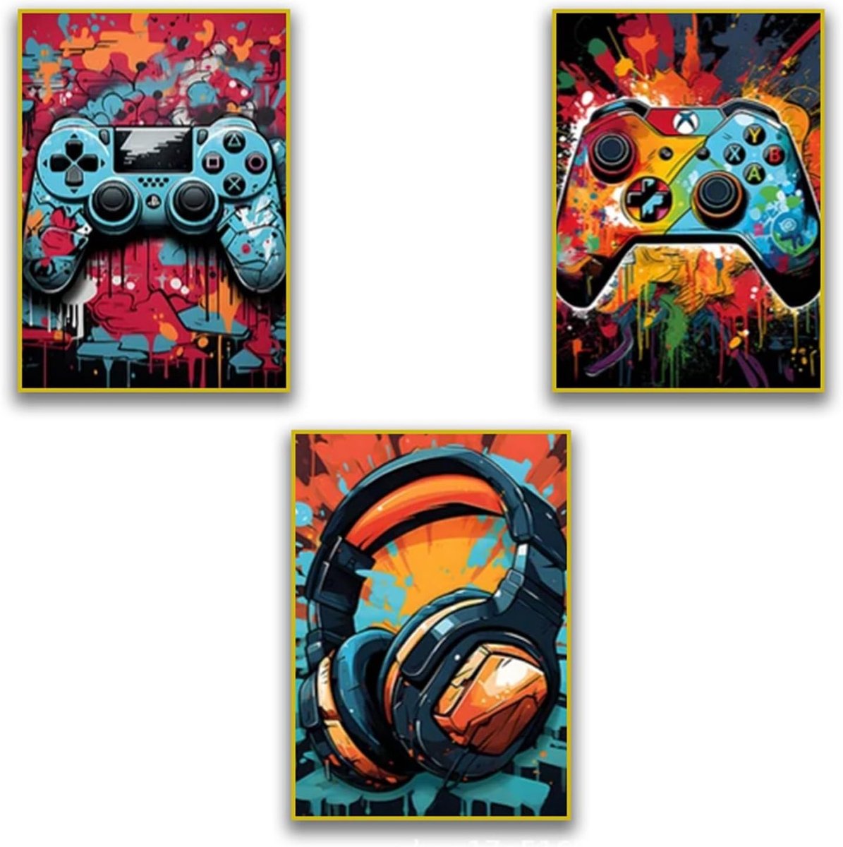 3 stuks posters, kinderkamer, jongens en meisjes, voetbal, hoofdtelefoon voor videospelletjes, besturing van videogames, posterfoto's, decoratie voor kinderkamer (20 x 30 cm zonder lijst)
