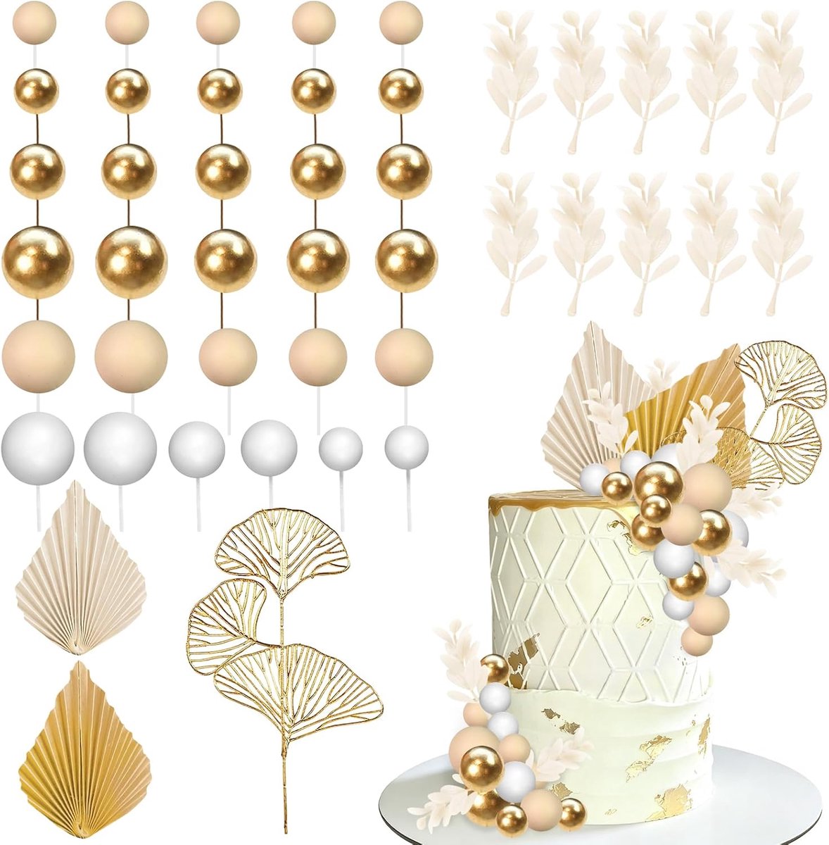 Verjaardag, 44 stuks taarttoppers, verjaardag, ballen, taarttoppers, wit, goud, geel, taarttoppers, set, decoratie, voor bruiloft, verjaardag (B)