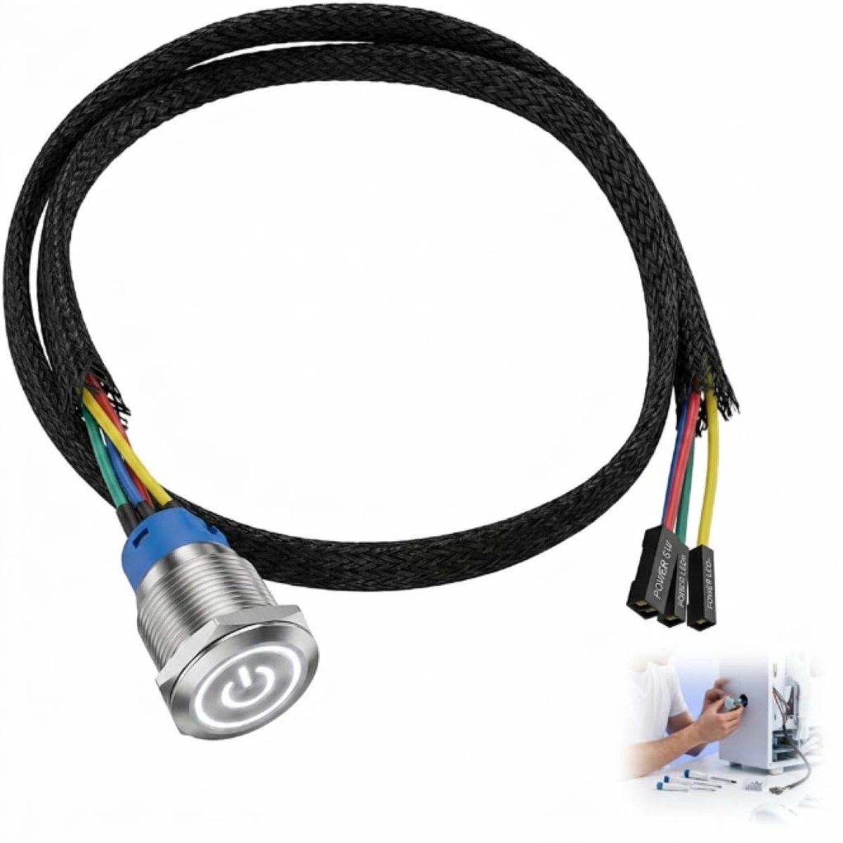 Aan/Uit-knop, Computer Voedingsschakelaar, met LED-kabelset voor PC-montage, Vervanging voor Behuizingsschakelaar, Duurzaam Vernikkeld Aluminium (16 mm 60 cm)