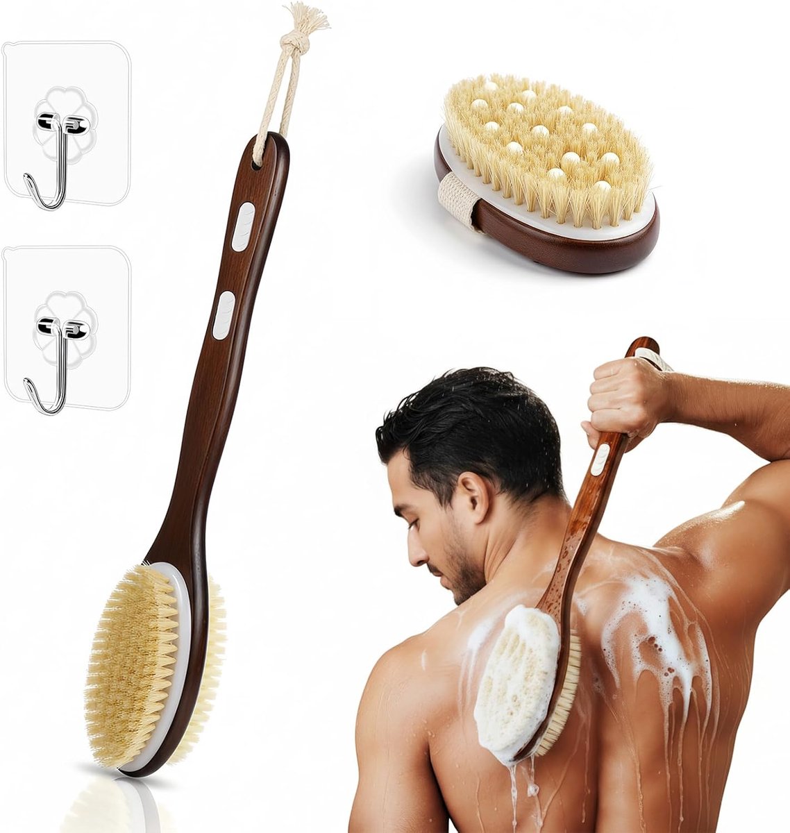 Set van 2 rugborstels met lange handgreep, scrub-lichaamsborstel met natuurlijke wildzwijnharen, dubbelzijdige bad- en doucheborstel voor het verwijderen van dode huid, cellulitis massage