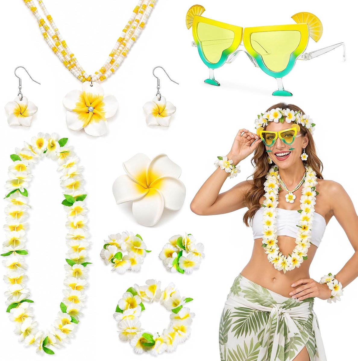 Hawaii Luau kostuumset met bloemenkrans en bril voor strandfeest