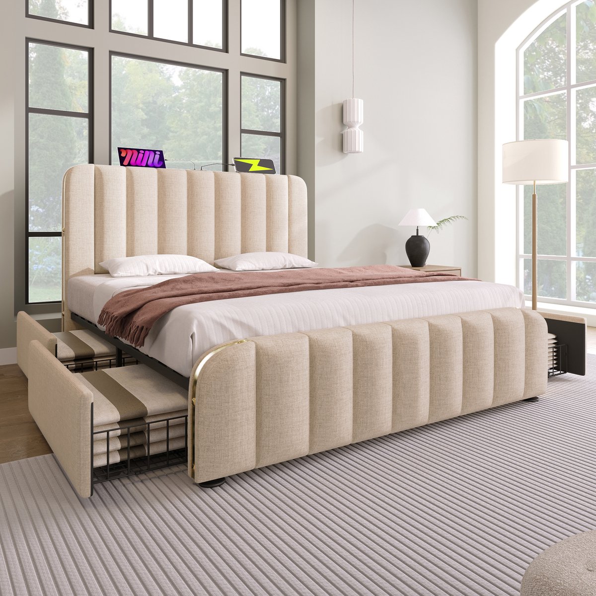 WUVRIE Gestoffeerd tweepersoonsbed 160x200 cm met 4 lades, USB-C en lattenbodem, beige