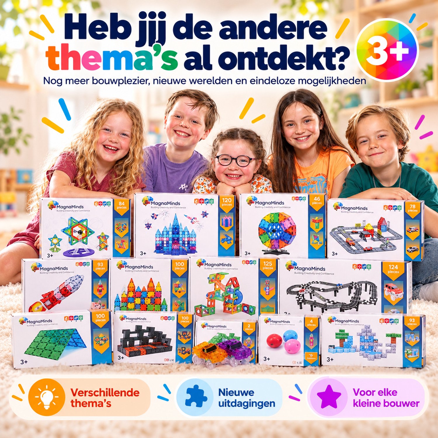 Magna Minds - Magnetic Tiles- Magnetisch Speelgoed – 135 stuks - Constructie speelgoed - Magnetische tegels - Montessori speelgoed - Magnetic toys - Magnetische bouwstenen - Speelgoed Kinderen — afbeelding 4