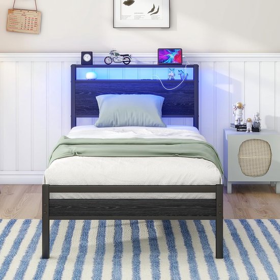 Bedframe van metaal, hout, bedframe van metaal, 90 x 200 cm met lattenbodem en USB-oplaadfunctie/led, eenpersoonsbed, logeerbed, tienerbed, 90 x 200 cm, met opbergruimte hoofdeinde