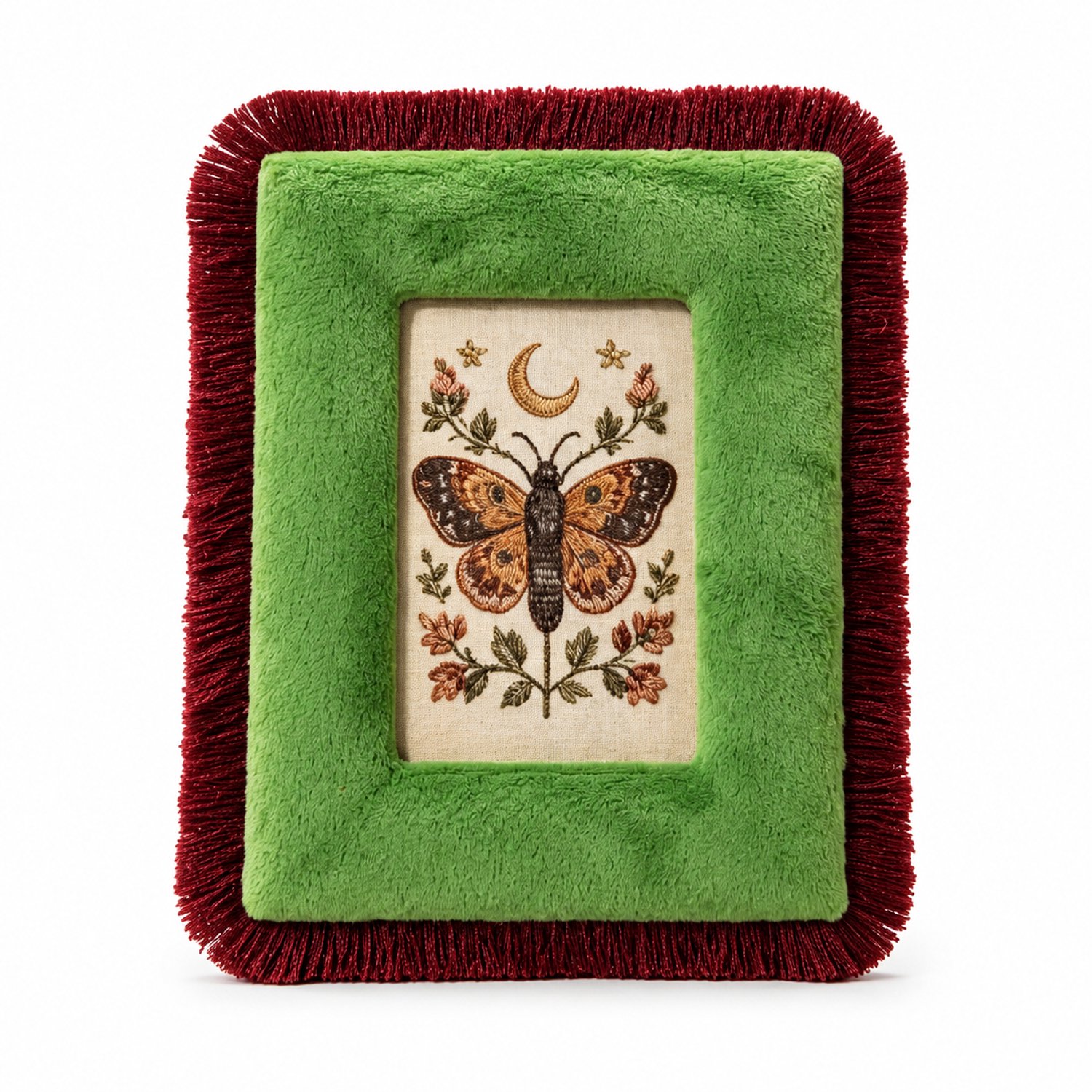 SWGOTA Grasgroene fluwelen fotolijst met bordeauxrode franjes, fotoformaat 10 x 15 cm, buitenmaat 20 x 26 cm, MDF met glas, horizontaal of verticaal neer te zetten