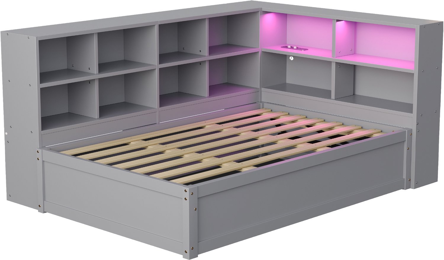 MUVANO Eenpersoonsbed 90x200 cm - grijs bed met opbergruimte, hydraulisch bed met ledstrip en stopcontact - houten bed voor kleine kamers