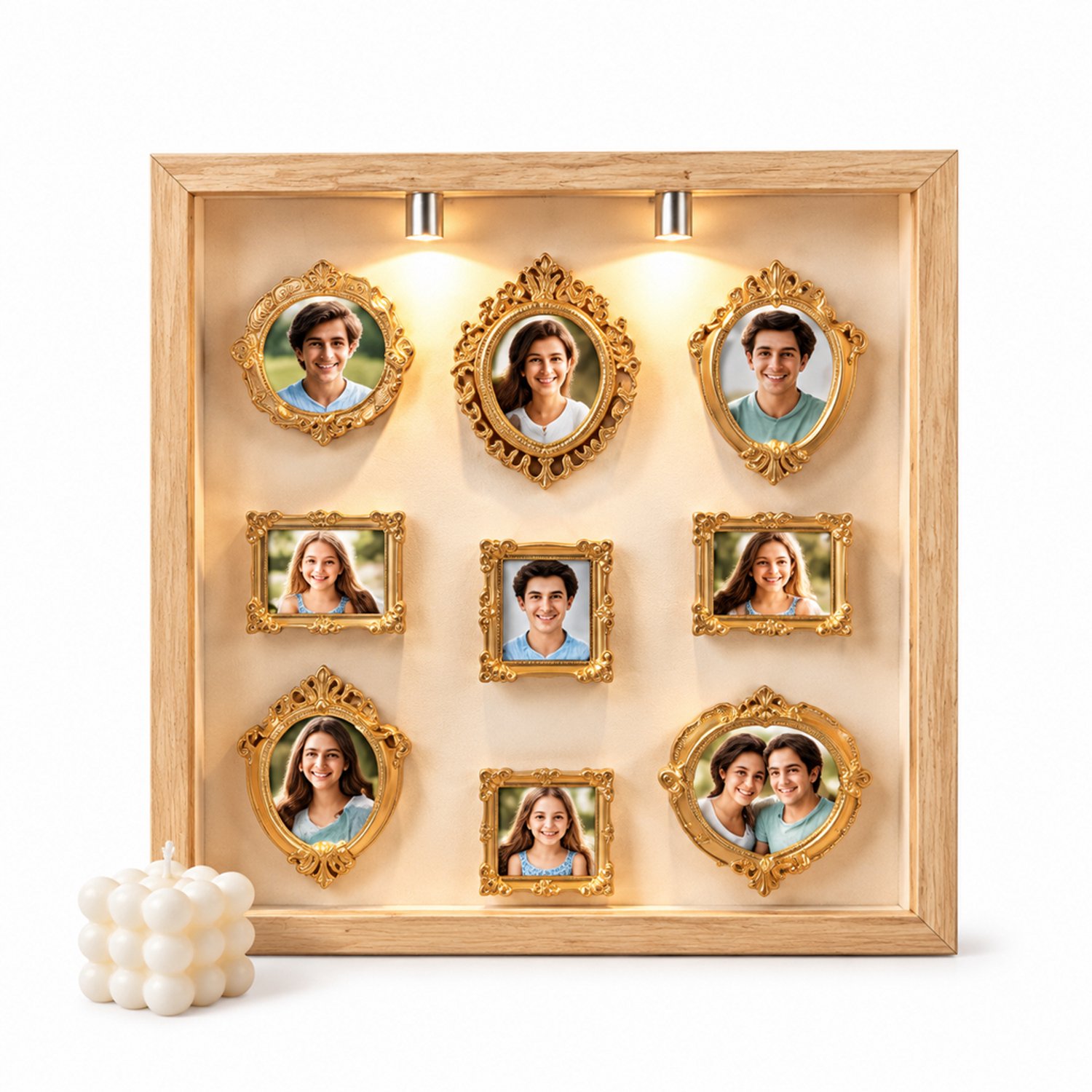 SWGOTA Witte vierkante MDF-displaylijst met 2 lampjes, binnenmaat 17,8 x 17,8 x 3 cm, tafelmodel