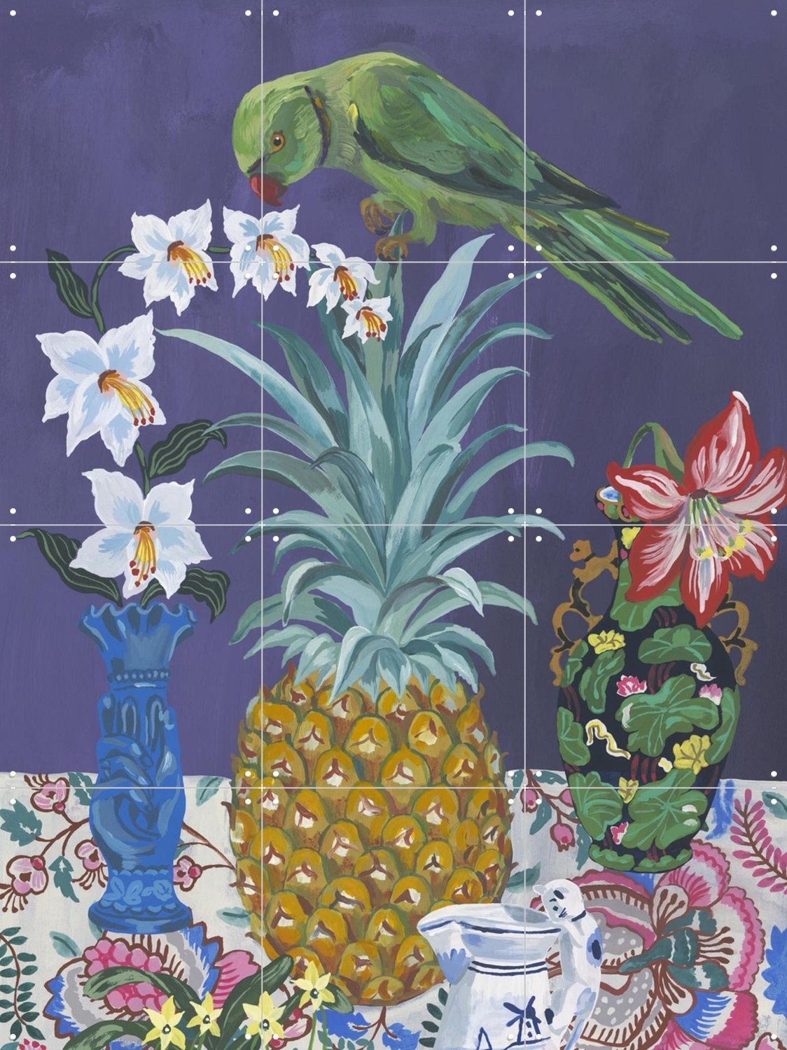 IXXI Le Perroquet Et L'ananas, Nathalie Lété - 60 x 80 cm - Grote wanddecoratie en posters - Schilderijen, Kleurrijk, Eetkamer, Woonkamer, Fruit Paars / Groen