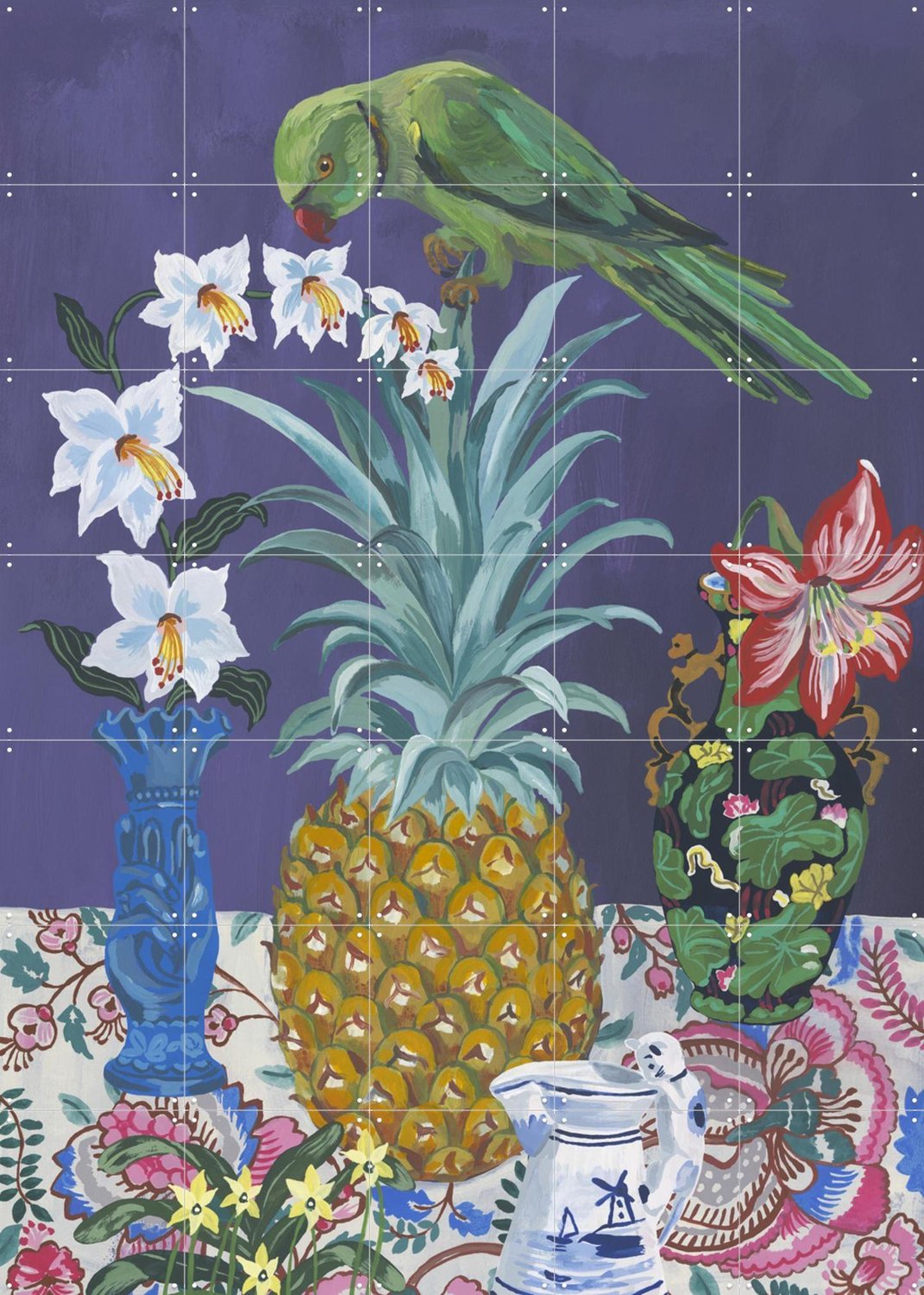 IXXI Le Perroquet Et L'ananas, Nathalie Lété - 100 x 140 cm - Grote wanddecoratie en posters - Schilderijen, Kleurrijk, Eetkamer, Woonkamer, Fruit Paars / Groen