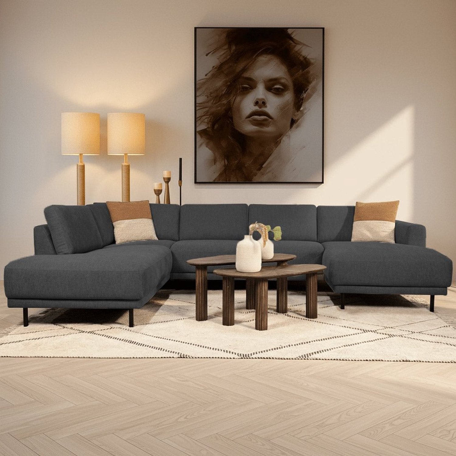 Dimehouse Moderne U-Bank hoekbank Antraciet Stof- links - 310x197x142 cm - Aniko - Stof - Modern - 310 x 197 x 93 cm