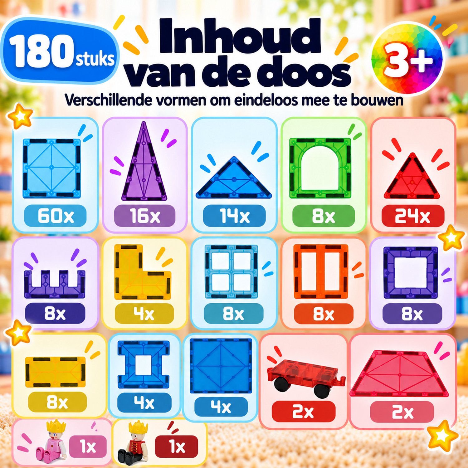 Magna Minds - Magnetic Tiles- Magnetisch Speelgoed – 180 stuks - Constructie speelgoed - Magnetische tegels - Montessori speelgoed - Magnetic toys - Magnetische bouwstenen - Speelgoed Kinderen — afbeelding 2