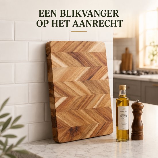 SINIA Living® - Snijplank Acacia - Duurzaam - 29.5 cm x 39.5 cm x 3 cm - Tapasplank - Visgraat - Acaciahout - Houten snijplank - Handgrepen - Handvaten - Hakblok - Extra dik - Snijplanken - Massief - Luxe - borrelplank - Kaasplank - Keuken — cadeau in Kookcadeaus - foto 2