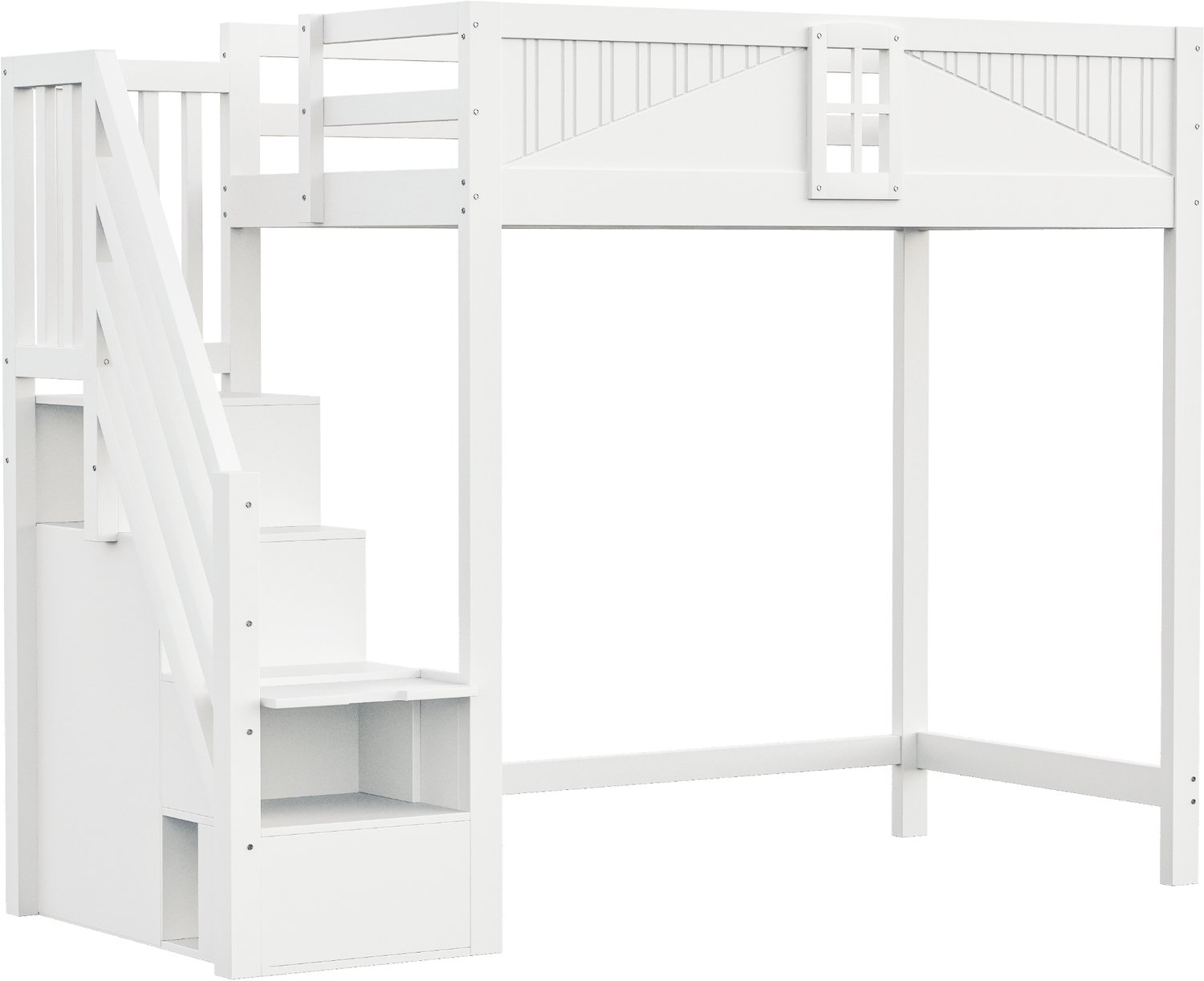 MUVANO Witte houten hoogslaper 90 x 200 cm - massief houten bed met veiligheidshek, raam en opbergruimte in ladder - ladder links of rechts monteerbaar