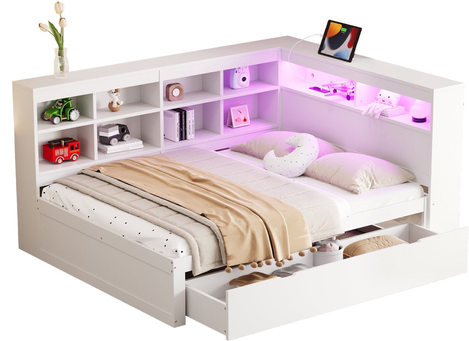 MUVANO Houten bed 140x200 - bedbank met opbergruimte - bed met extra grote opbergladen - USB-aansluiting en kleur veranderende ledverlichting - wit