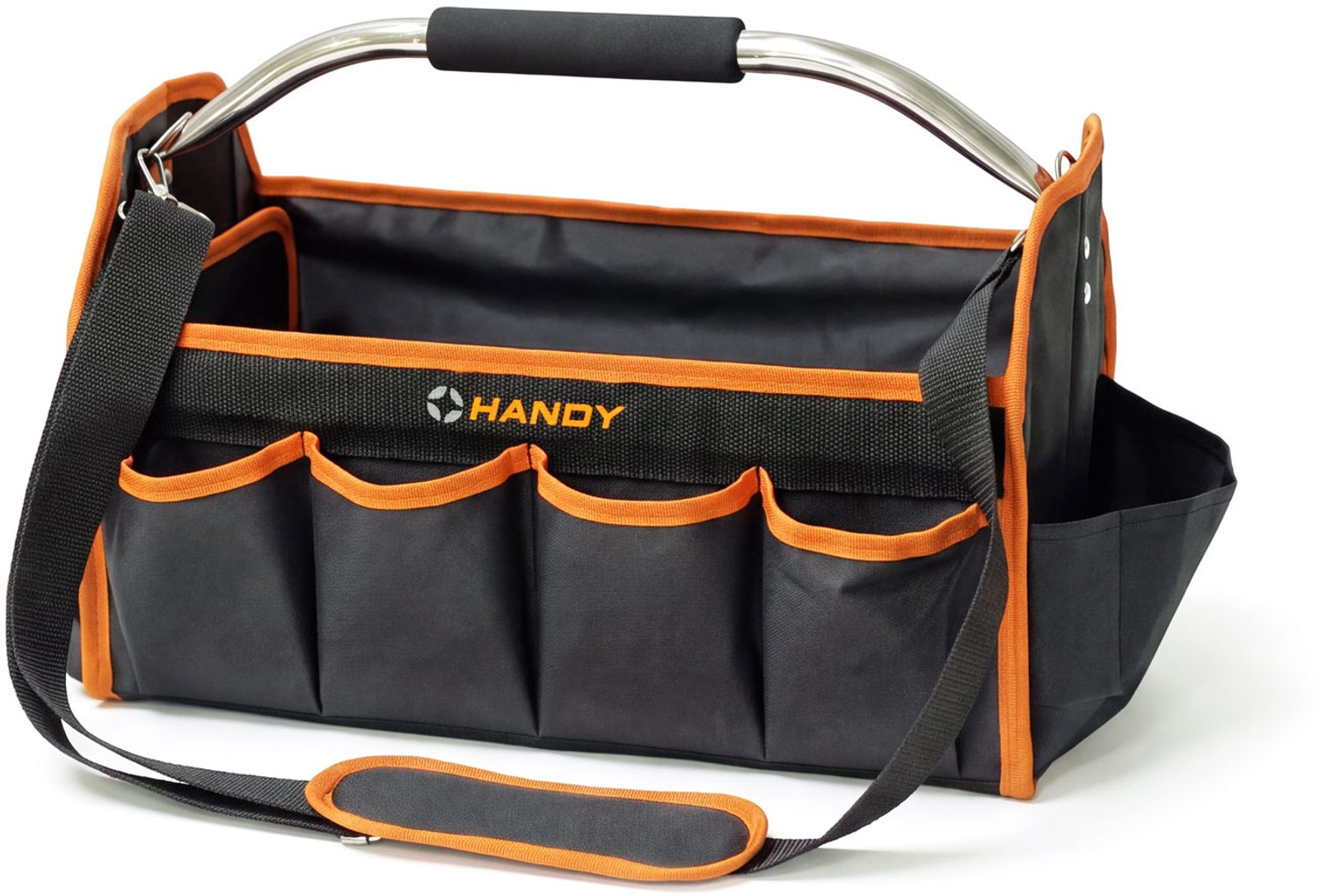 Handy Polyester Gereedschapstas - Met Schouderriem - 42 x 21,5 x 26 cm - 1 + 10 Opbergvakken - Verstevigde Bodem & Metalen Rand - Max. Draagvermogen 20 kg - Oranje/Zwart [10231]