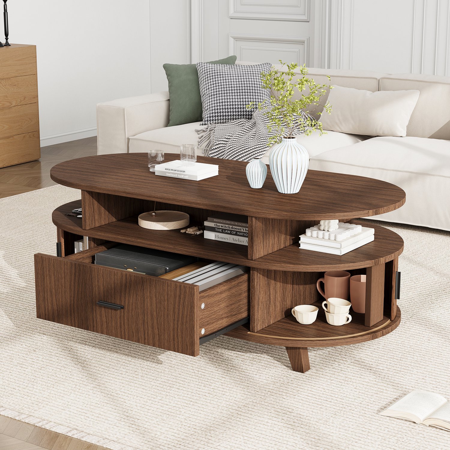 STILVORA Salontafel - Ovaal Met Lade En Roldeuren - Opbergruimte Voor Woonkamer - Mdf En Spaanplaat - 100x50x40 Cm - Walnootkleur