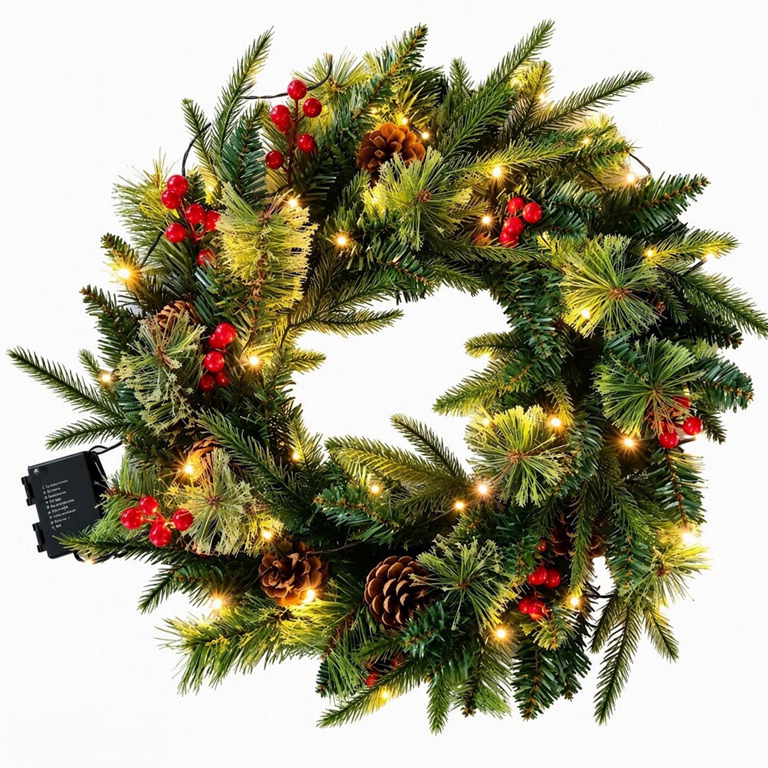 Premium Kerstkrans met Verlichting Ø 40 cm - Luxe Kerstkrans Voordeur met 8 Lichtmodi & timer - Kunst kerstkrans - Kerstdecoratie Deur & Wand