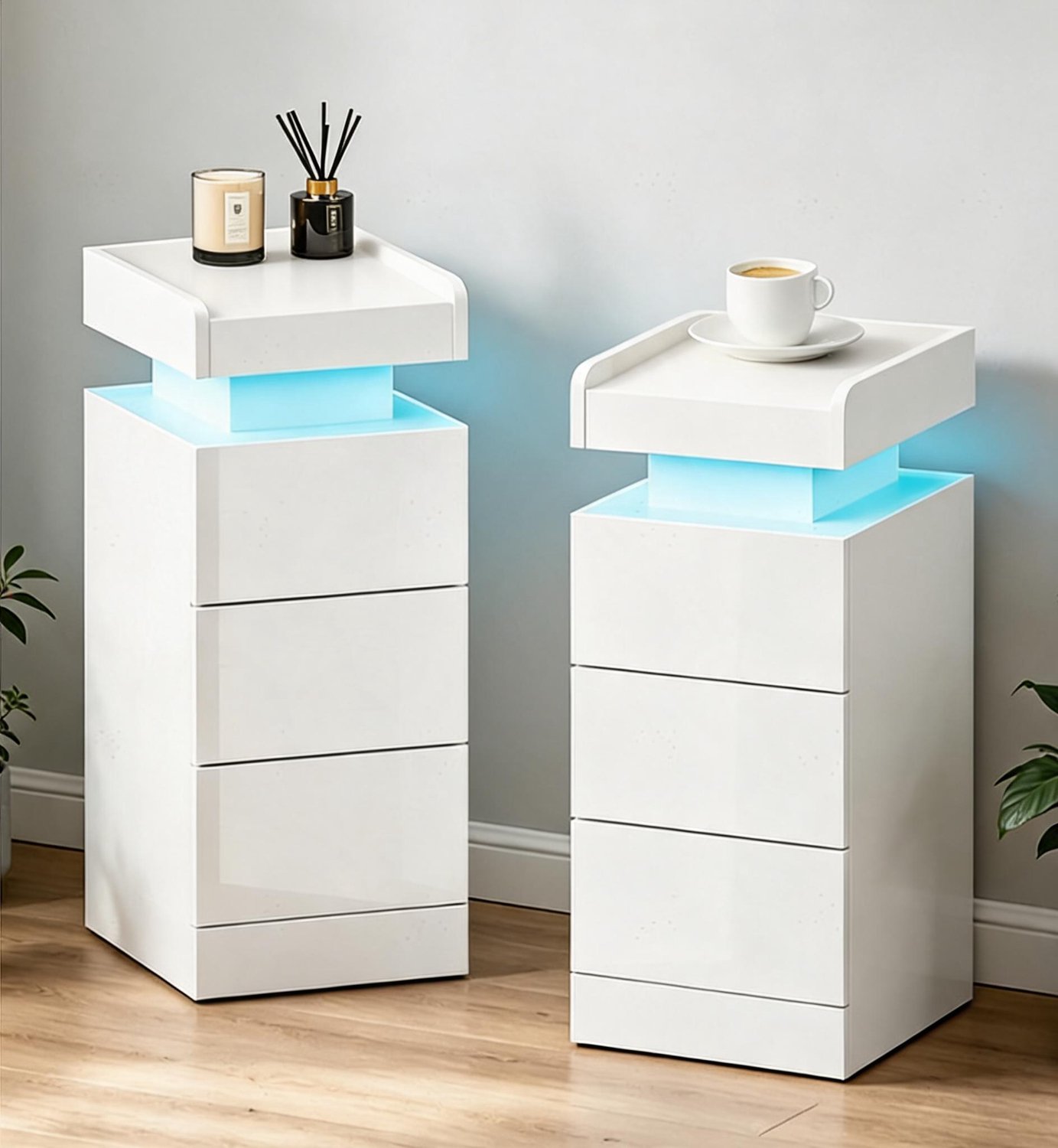 HOERFURIY Witte nachtkastjes set van 2 stuks, 25×30×60 cm, met LED-verlichting en 3 lades
