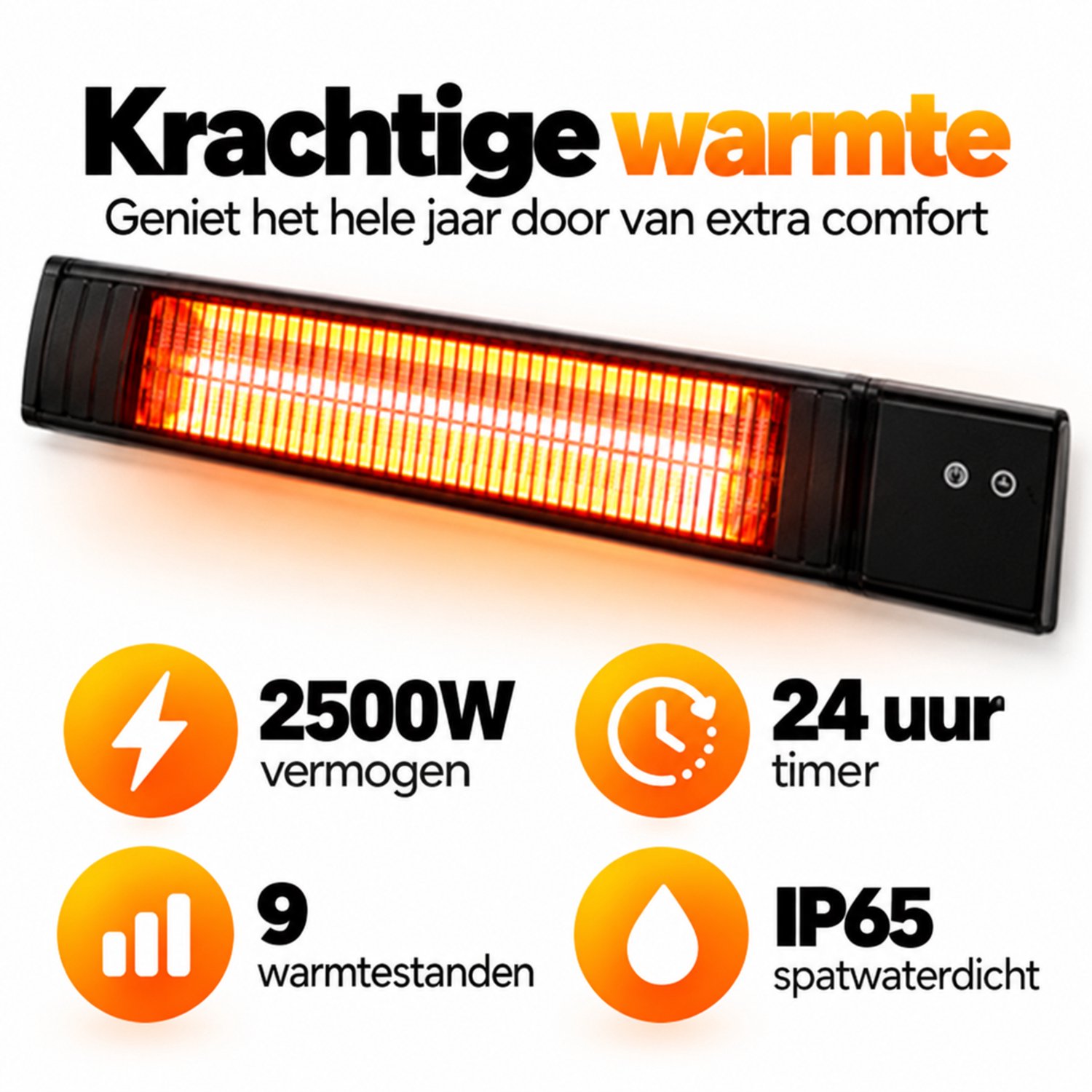DM Elektrische Terrasverwarmer 2500W - Infrarood - Wandmodel - IP65 - 9 standen