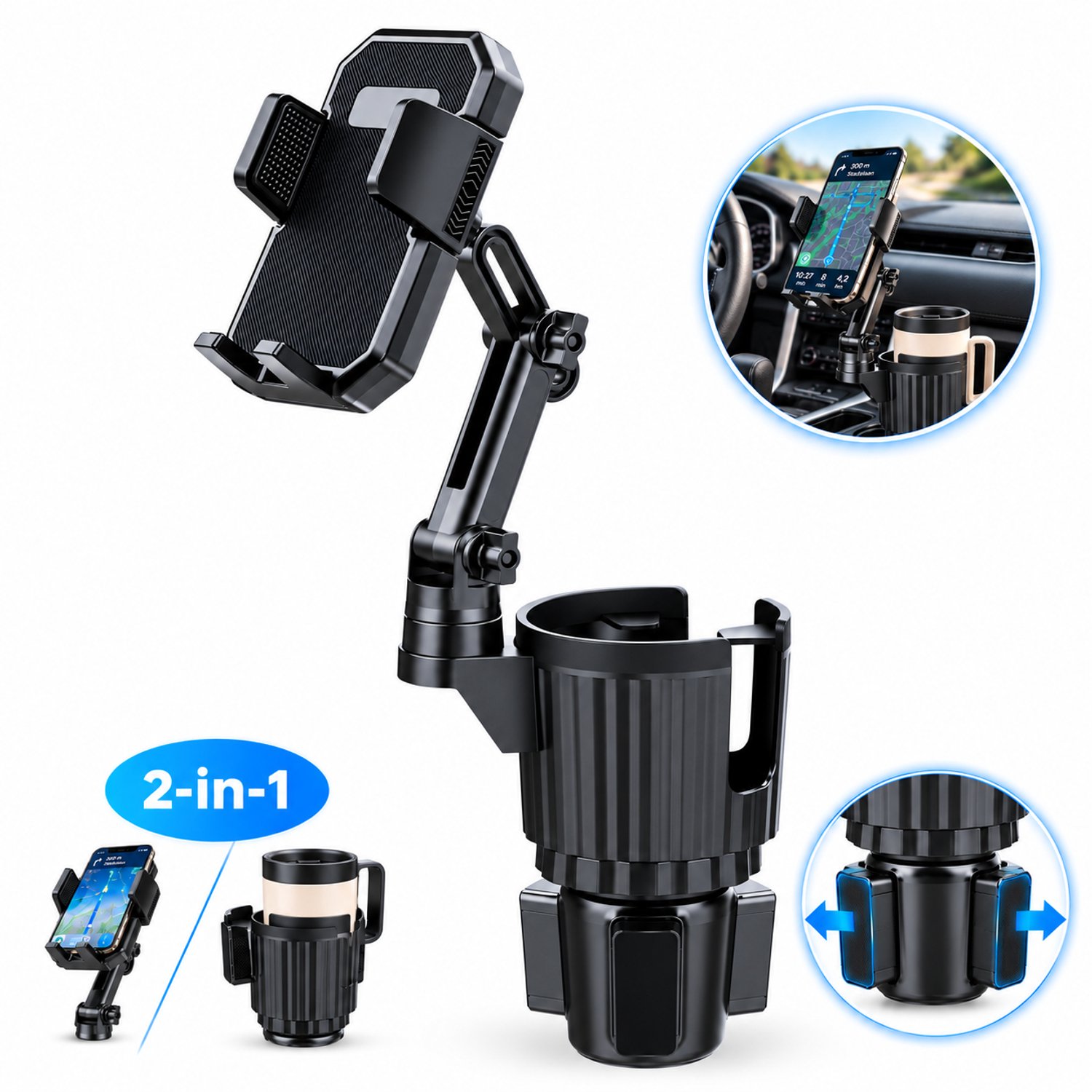 Tolvia 2-in-1 Telefoonhouder Auto met Bekerhouder - Universele Autohouder Telefoon - Verstelbare Telefoonhouder & Drankhouder - Geschikt voor iPhone, Samsung en andere smartphones - Zwart