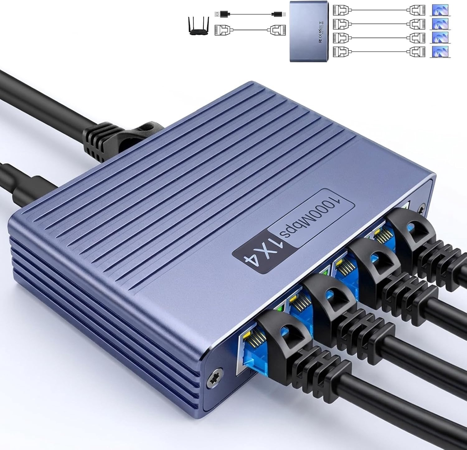 LAN Switch - Paars - 1 naar 4 Poorten - Aluminium Ethernet Splitter met USB-C Voedingskabel - Voor Computer en Router