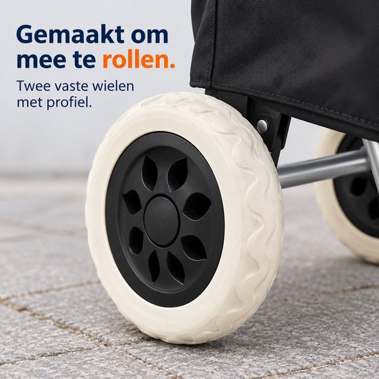 Close-up van het wiel met profiel van de zwarte boodschappentrolley.