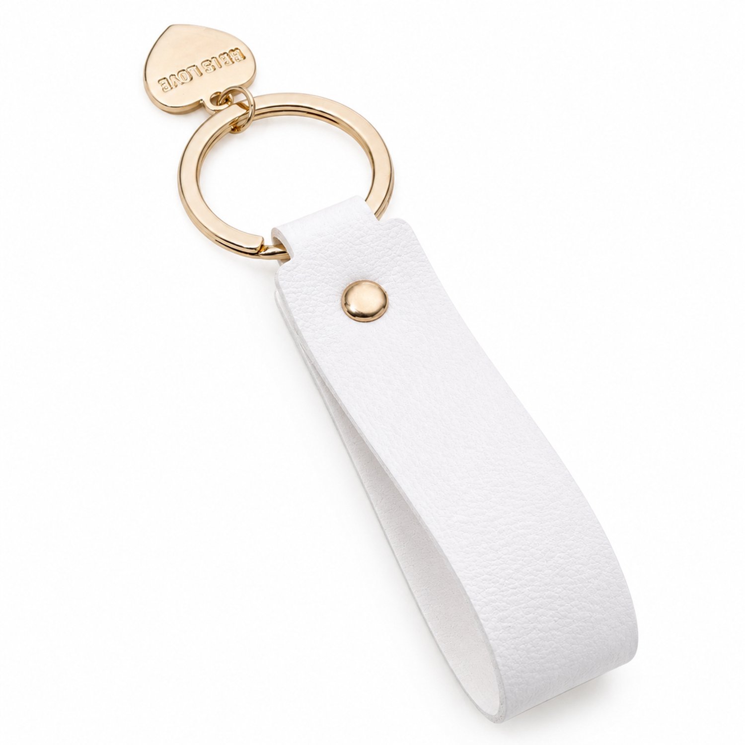 Witte leren sleutelhanger met lus, goudkleurige sleutelring en hartbedel
