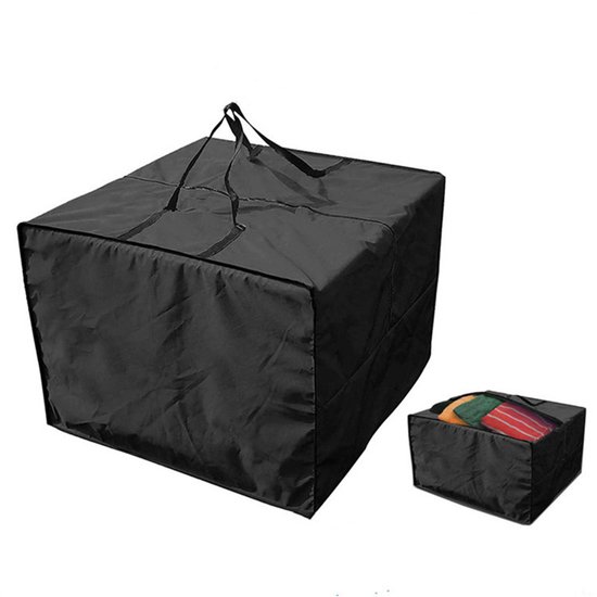 Een grote zwarte vierkante opbergtas naast een kleine zwarte opbergbox met kleurrijke kussens erin.