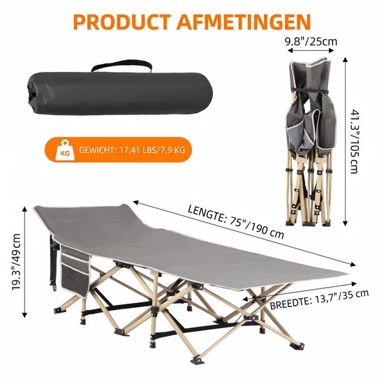 Opvouwbaar veldbed voor volwassenen – Campingbed en logeerbed – Draagvermogen tot 200 kg – 190 × 71 × 35 cm – Oxfordstof en stalen frame – Voor binnen en buiten — afbeelding 5