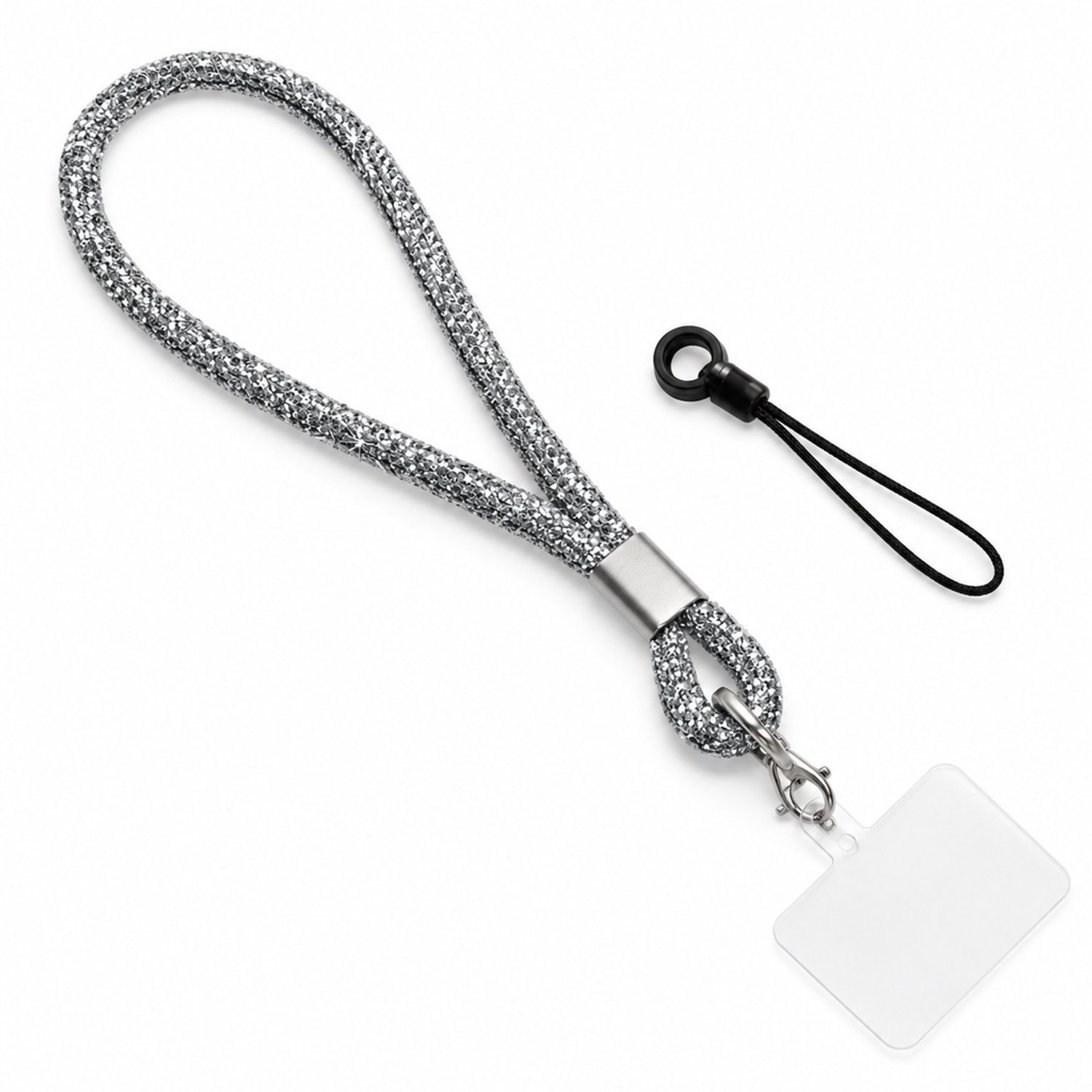 Telefoonkoord voor de pols, zwart 8-vormig met strass en metalen sluiting, inclusief telefoonpatch en kort koordje, individueel verpakt