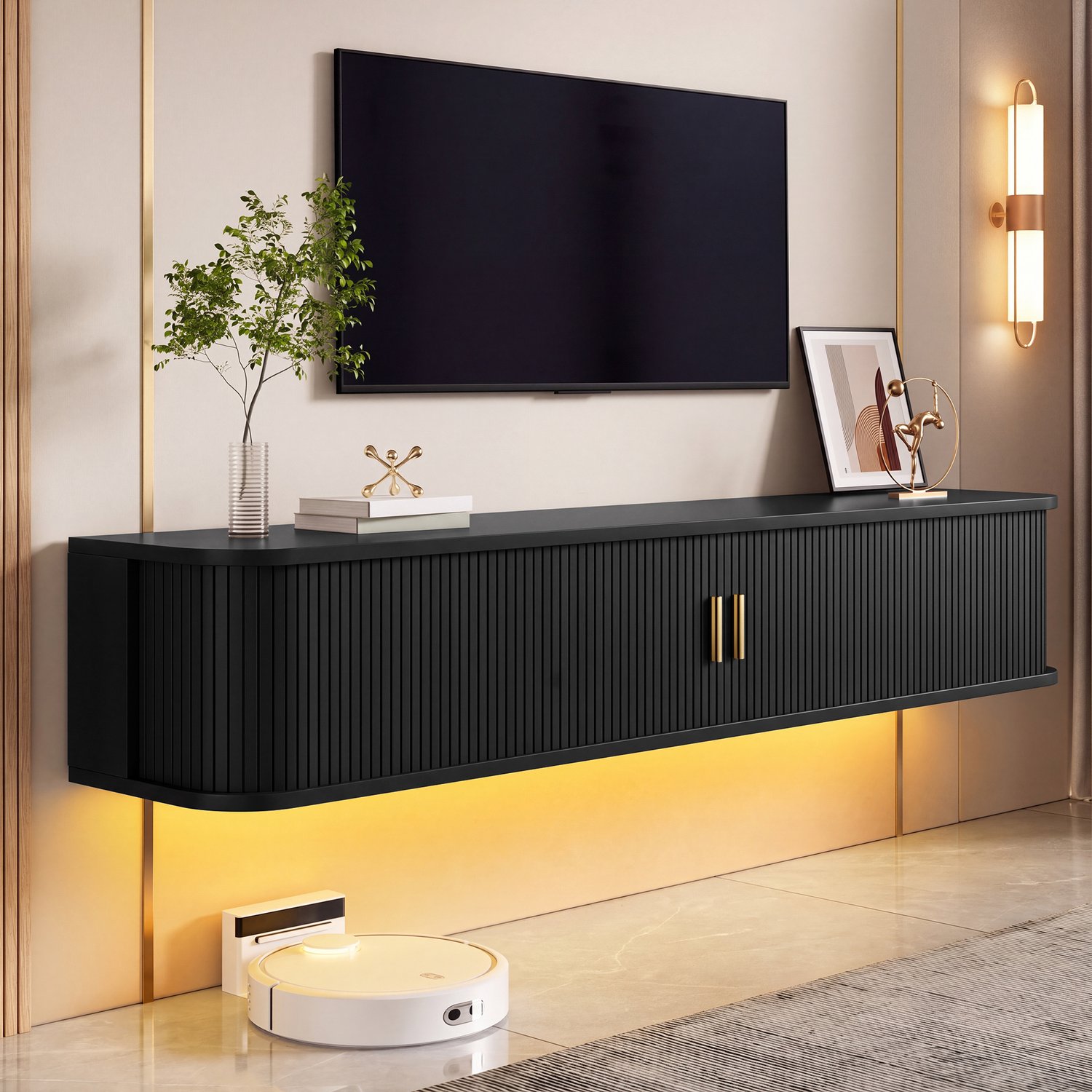 Sweiko TV-meubel - Wandgemonteerd TV-kast - LED-verlichting - Met lade - Schuifdeur - Zwart