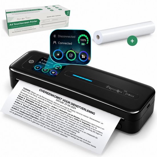 Zwarte A4 thermische printer van Impressora Térmica met touchscreen, rollen papier en verpakking voor inktloos printen.